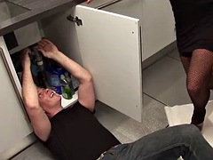 Juicy brunette milf takes a plumbers cock in all her holes while they are in the kitchen