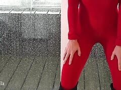 Pegging in hot red bodysuit!