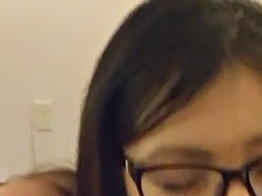 Asian amateur sucking cock for glasses facial