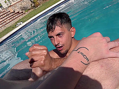 Gay dude swims in the pool and blows his best friend in the open