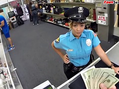 Cop babe fucked and facialized in pawnshop office by big white cock