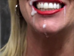 Naughty blonde milf takes a heavy load of cum in her mouth
