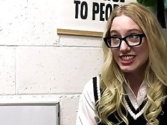 Nerdy young babe with hairy cunt fucks her way out after being caught