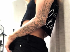Inked amateur babe posing in sexy black panties on webcam