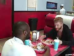 Interracial gay group sex with employees and a customer at a bar