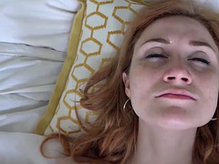 Skinny amateur redhead with small tits and braces gets her pussy eaten and rides dick POV Scarlet Skies