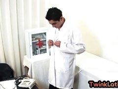 Real Latino twink in doctors uniform and fingers in his ass in the infirmary