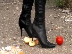 Girls crush food with boots