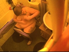 Chubby wife with big hooters caught peeing on hidden cam