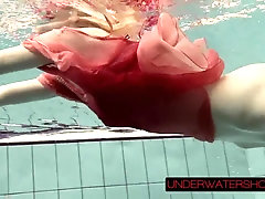 Katya Okuneva in crimson sundress glamour water flash