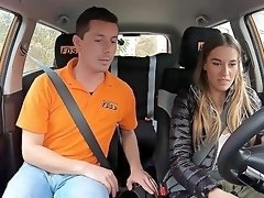 Driving instructor fucks skinny babe and comes on her clit